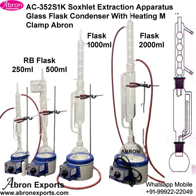Soxhlet Extraction Apparatus 250ml 500ml 1000ml 2000ml Any 1 Glass Flask Condenser Heating Mantle Stand Condenser Clamp Abron AC-352S1K 